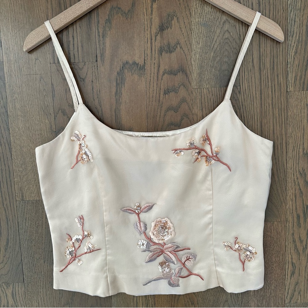 Vintage Gianfranco Ferre Silk Embroidered Sequin Floral Crop Tank IT 46 / US 10